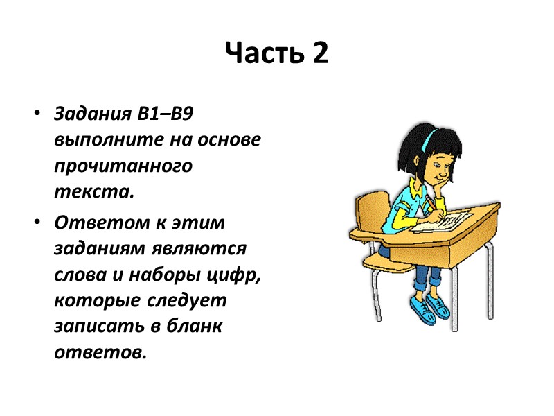 Часть 2  Задания В1–В9 выполните на основе прочитанного текста.  Ответом к этим